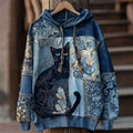 Lovely Cat Boho Floral Lace Patchwork Washed Hoodie elevenforest