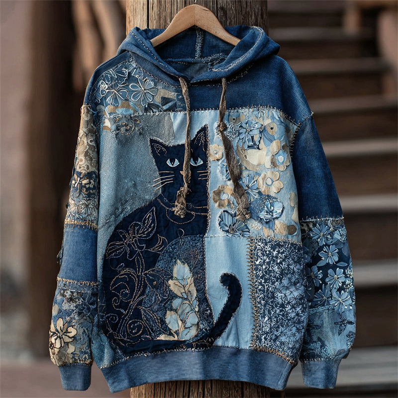Lovely Cat Boho Floral Lace Patchwork Washed Hoodie elevenforest