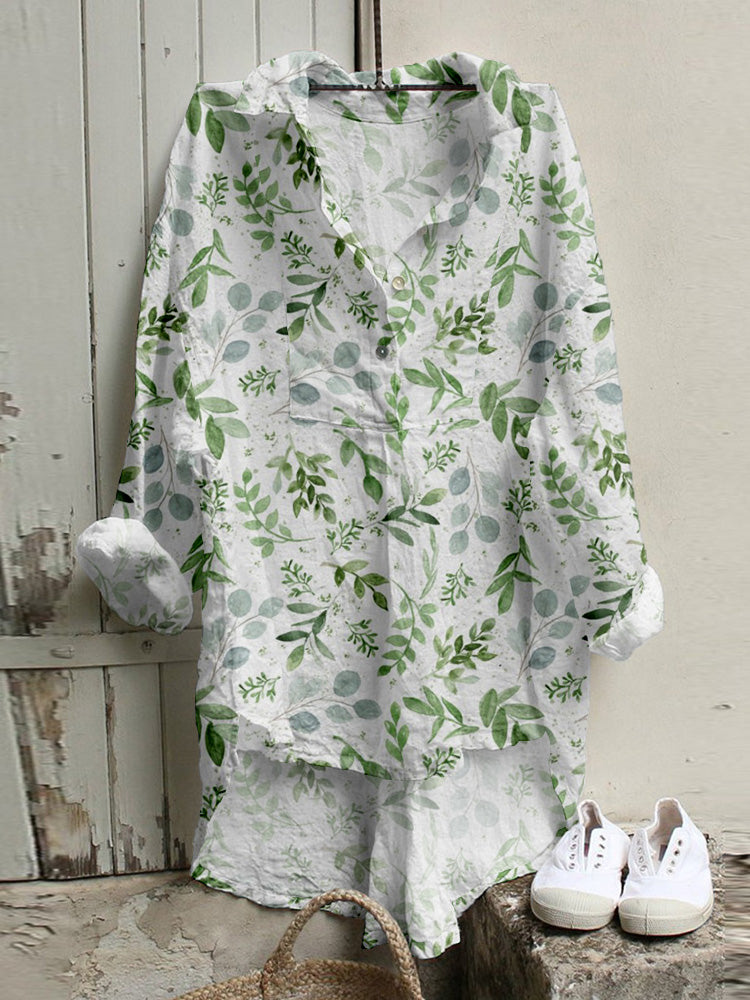 Comstylish Watercolor Leaves Linen Blend High Low Tunic