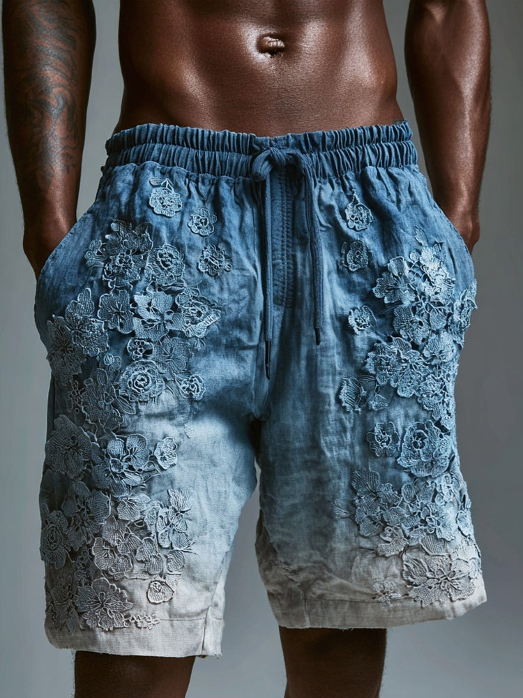 Men's Lace Flowers Embroidered Gradient Linen Shorts elevenforest