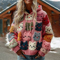 Comstylish Colorful Cats Pattern Art Cozy Knit Hooded Sweater