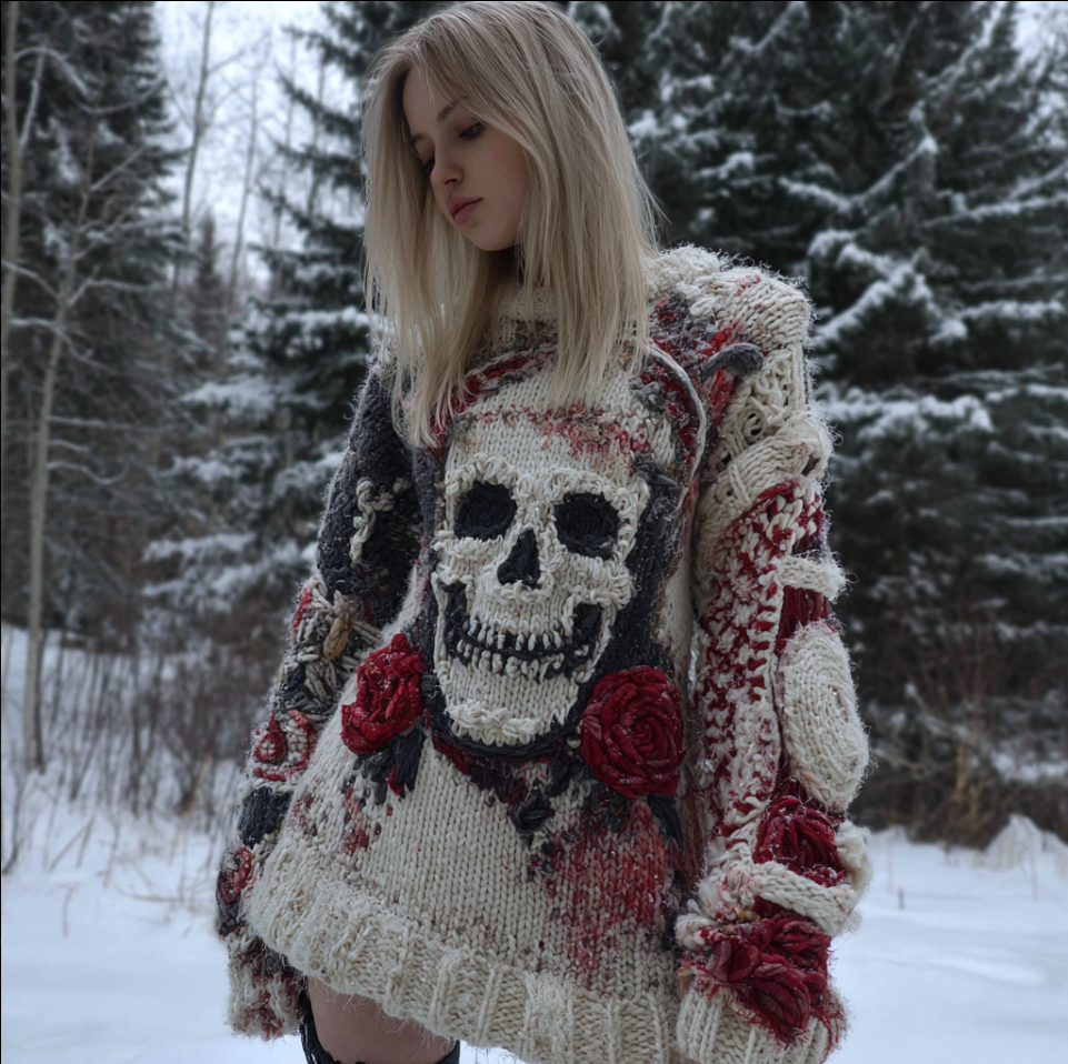 Comstylish Lady's Halloween Gothic Style Skull Skeleton Pattern Knitted Sweater