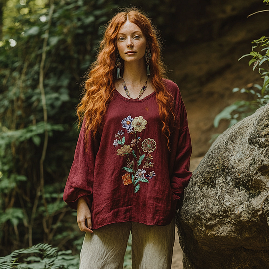 Retro Bohemian Floral Art Embroidery Print Cotton And Linen Blend Loose Blouse elevenforest
