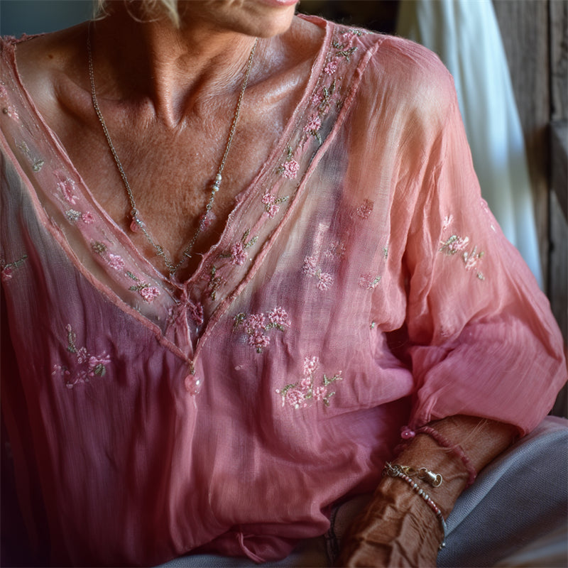Vintage Pink Floral Embroidered Flowy Gradient Linen Tunic elevenforest