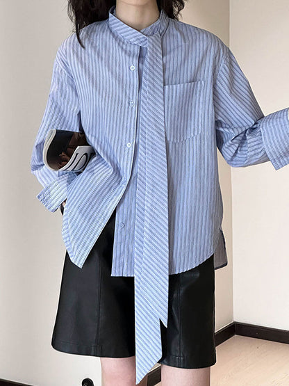 Long Sleeves Loose Buttoned Pockets Striped Tied Mock Neck Blouses&shirts Tops