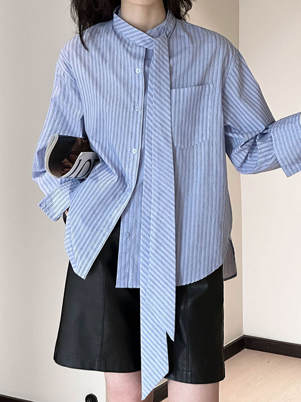 Long Sleeves Loose Buttoned Pockets Striped Tied Mock Neck Blouses&shirts Tops