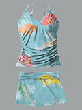 Fish V-Neck Vintage Flowers Print Suspender Skirt Tankini Pantskirt Set Swimsuit