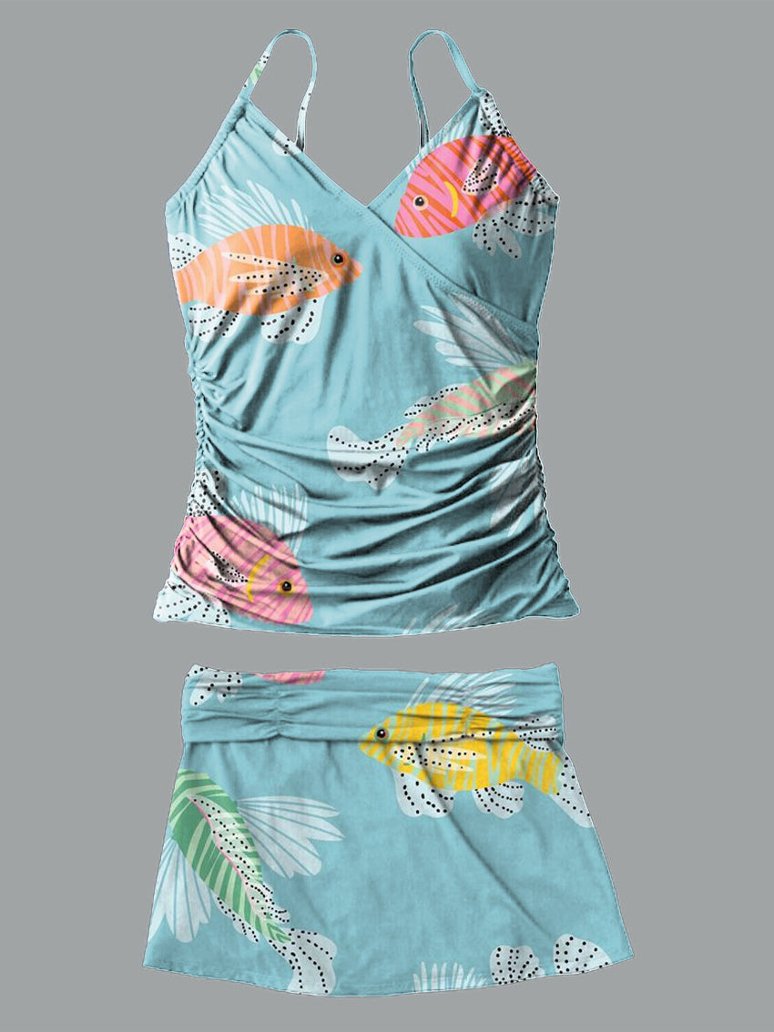 Fish V-Neck Vintage Flowers Print Suspender Skirt Tankini Pantskirt Set Swimsuit