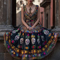 Day Of The Dead Sugar Skulls Floral Embroidered Linen Maxi Dress elevenforest