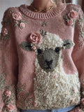 Comstylish Vintage Sheep Pink Roses Beaded Cozy Knit Sweater