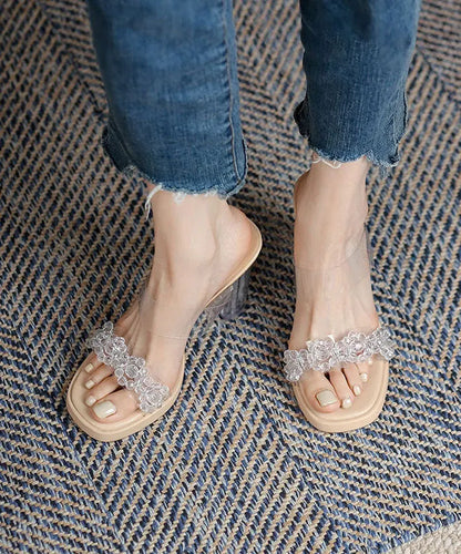 Beige Chunky Clear High Heel Slippers Peep Toe Platform Heels Lc0192