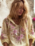 Bohemian Floral Embroidery Women's Linen V-neck Hoodie With Hoodie elevenforest