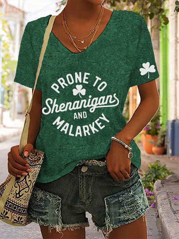 Comstylish Women's St. Patrick's Day _prone To Shenanigans And Malarkey_ Print V-neck T-shirt