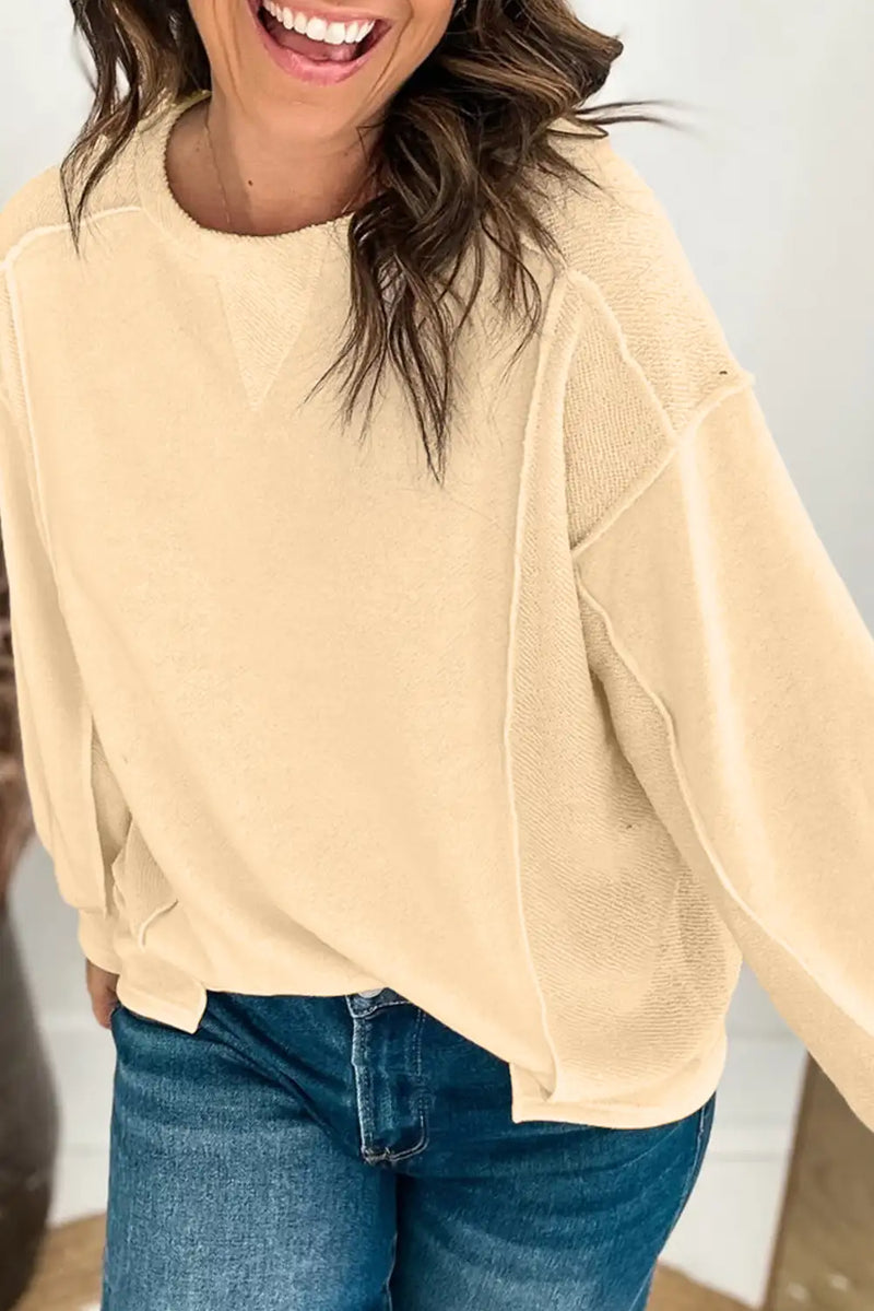 Beige Patchwork Pullover Sweatshirt