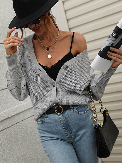 Long Sleeves Loose Color V-neck Cardigan Tops