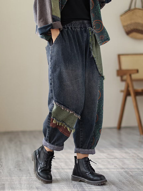 Contrast Color Fringed Split-joint Long Sleeves Printed Outwear + Harem Pants Two Pieces Set