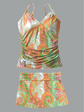 Women's Vintage Bohemian Floral Print Shirred Suspender Swimsuit Set