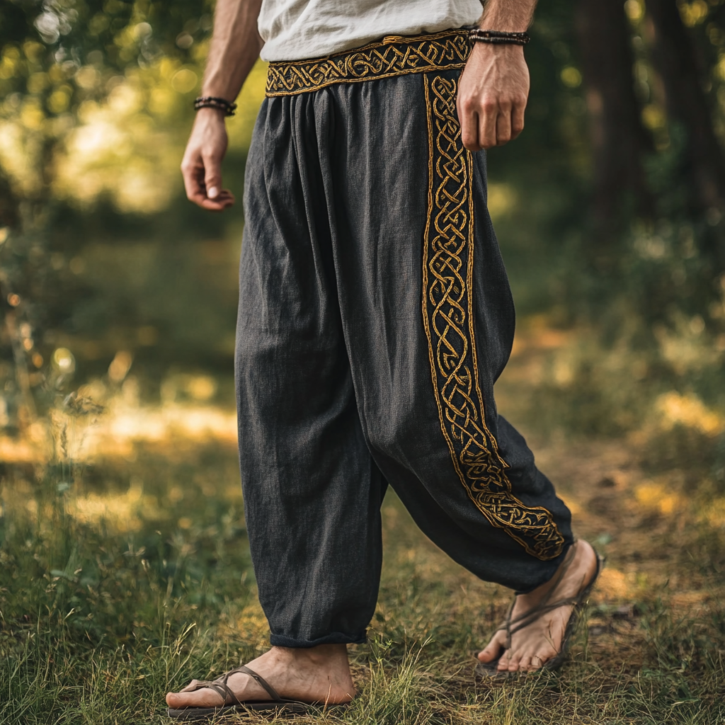 Vintage Viking Celtic Embroidery Art Linen Long Loose Wide-leg Pants elevenforest