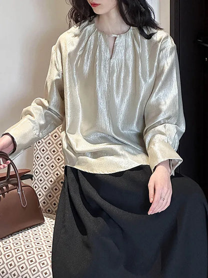 Long Sleeves Loose Hollow Shiny Color Round-neck Blouses&shirts Tops
