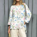 Comstylish Women's Vintage Flowers Art Print Linen T-shirt