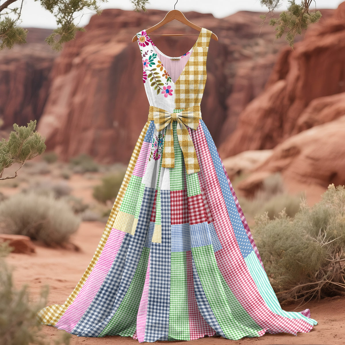 Women's Vintage Plaid Floral Patchwork Linen Tank Dress elevenforest