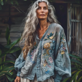 Vintage Bohemian Style Linen Floral Art Print  Long Sleeve Shirt elevenforest