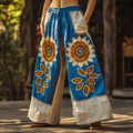 Vintage Bohemian Sunflower Patchwork Art Printed Cotton Linen Wide Leg Pants elevenforest