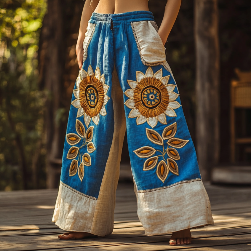 Vintage Bohemian Sunflower Patchwork Art Printed Cotton Linen Wide Leg Pants elevenforest