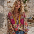 Women's Vintage Bohemian Floral Embroidery Art V-neck Long Sleeve Linen Blend T-shirt elevenforest