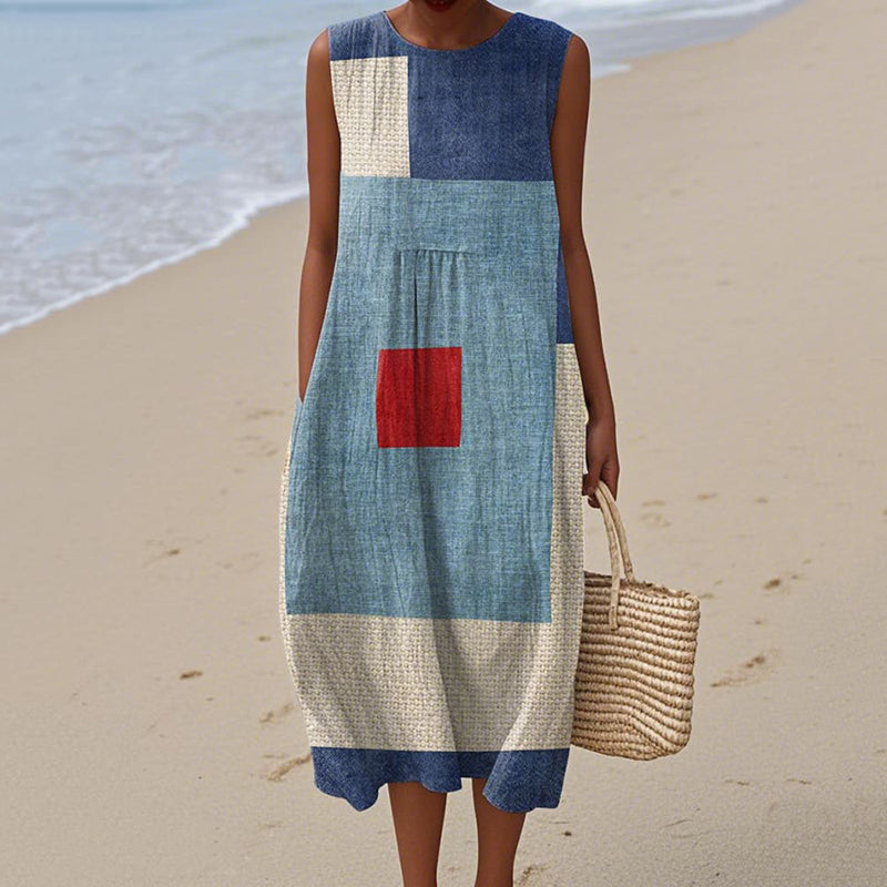 Women's Retro Abstract Geometric Print Cotton And Linen Dress elevenforest