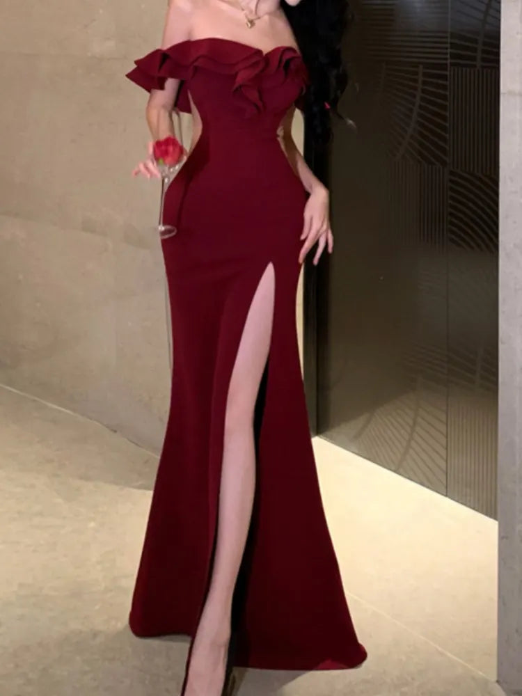 Bodycon Long Dresses for Wedding Evening Party Prom Robe Ruffles Slash Neck High Split Hollow Out Summer New Vestido