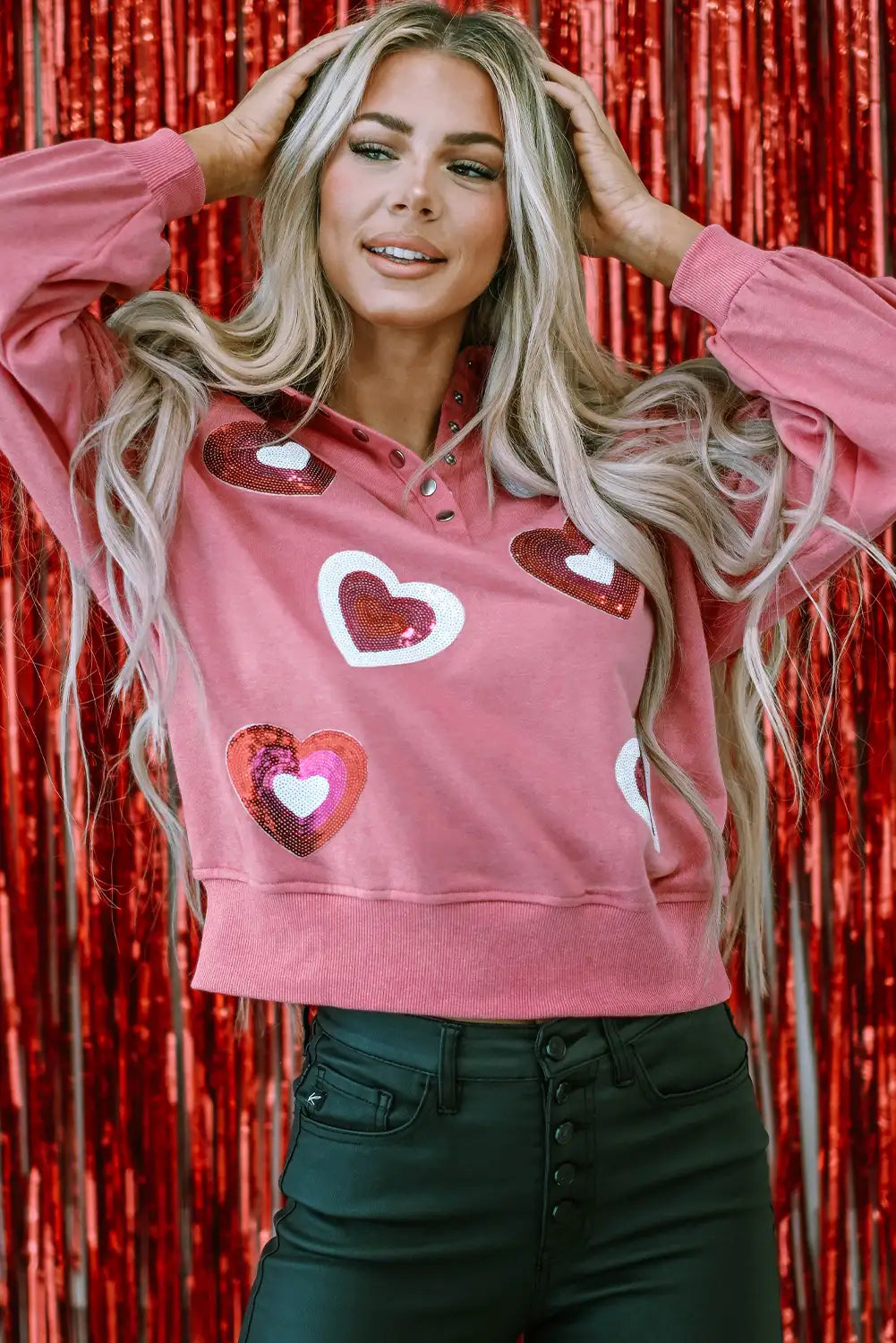Pink Sequin Heart Collared Sweatshirt