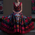 Day Of The Dead Sugar Skulls Floral Embroidered Linen Maxi Dress elevenforest