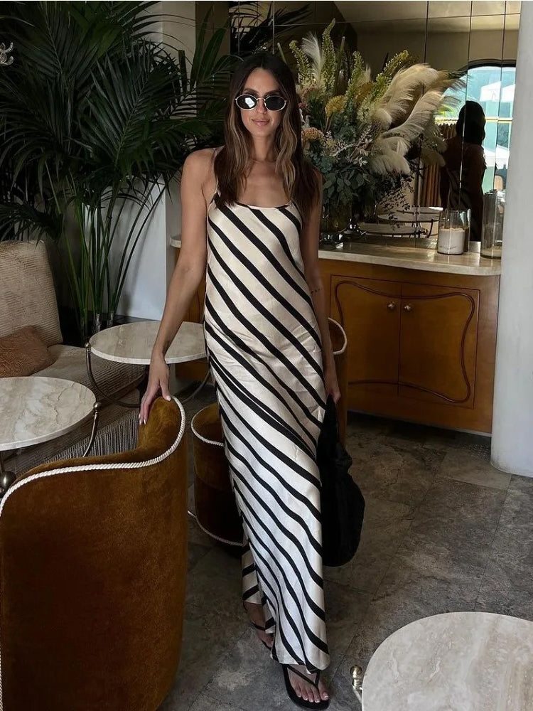 Tossy Zebra Printed Halter Dresses Female Sleeveless Slim Loose Printed Striped Long Dress ’s Backless Maxi Dress