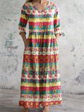 Women's Elegant Floral Pattern V-Neck Cotton Fabric Dress with Pockets