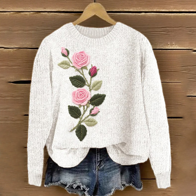 Women's Pink Floral & Ribbon Embroidered Knit Print Sweater elevenforest