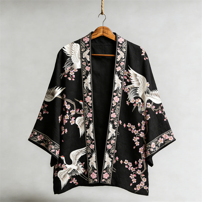 Japanese Cranes & Cherry Blossom Linen Kimono elevenforest
