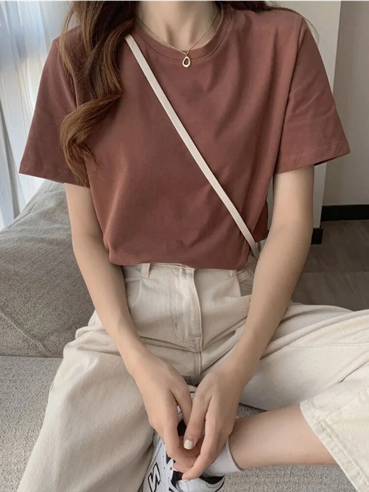’s T-shirt Korean Loose O-neck Basic Tops Female Spring White Black Tee Shirts