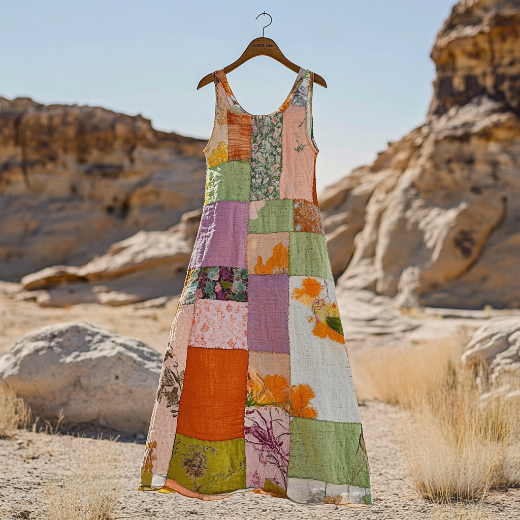 Women's Vintage Bohemian Floral Patch Cotton And Linen Dress elevenforest