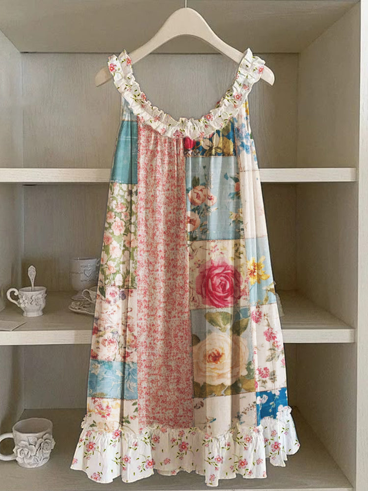 Vintage Floral Patchwork Ruffle Trim Linen Dress elevenforest