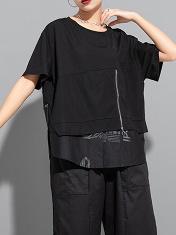 False Two Loose Printing Split-joint Round-neck T-shirts Tops