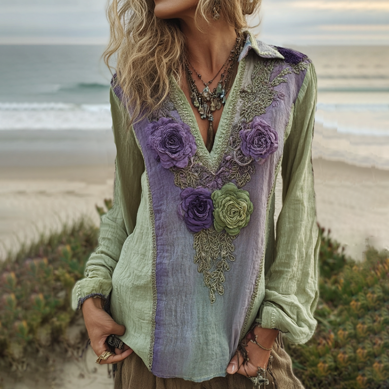 Vintage Purple Lavender And Floral Embroidered Linen V Neck Long Sleeve Shirt elevenforest
