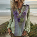 Vintage Purple Lavender And Floral Embroidered Linen V Neck Long Sleeve Shirt elevenforest