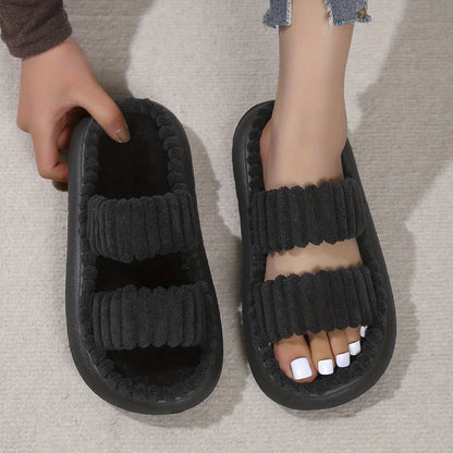 Double Straps Plush Slippers Ht0147
