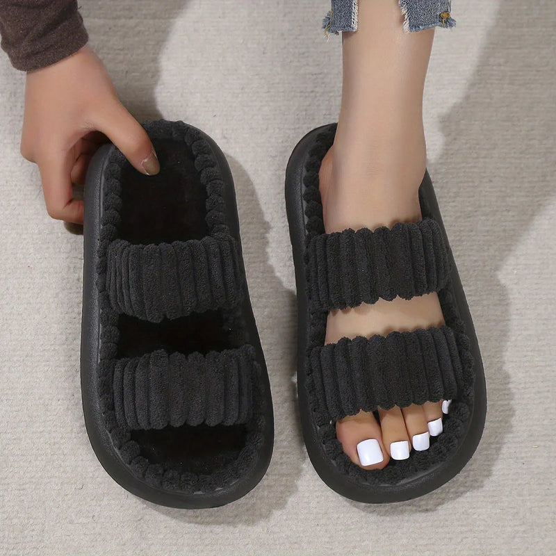 Double Straps Plush Slippers Ht0147