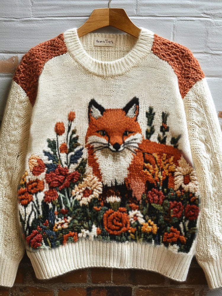Forest Fox & Flowers Embroidered Cozy Knit Sweater artswardrobe