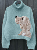 Comstylish Fluffy Dog Embroidery Pattern Cozy Knit Sweater