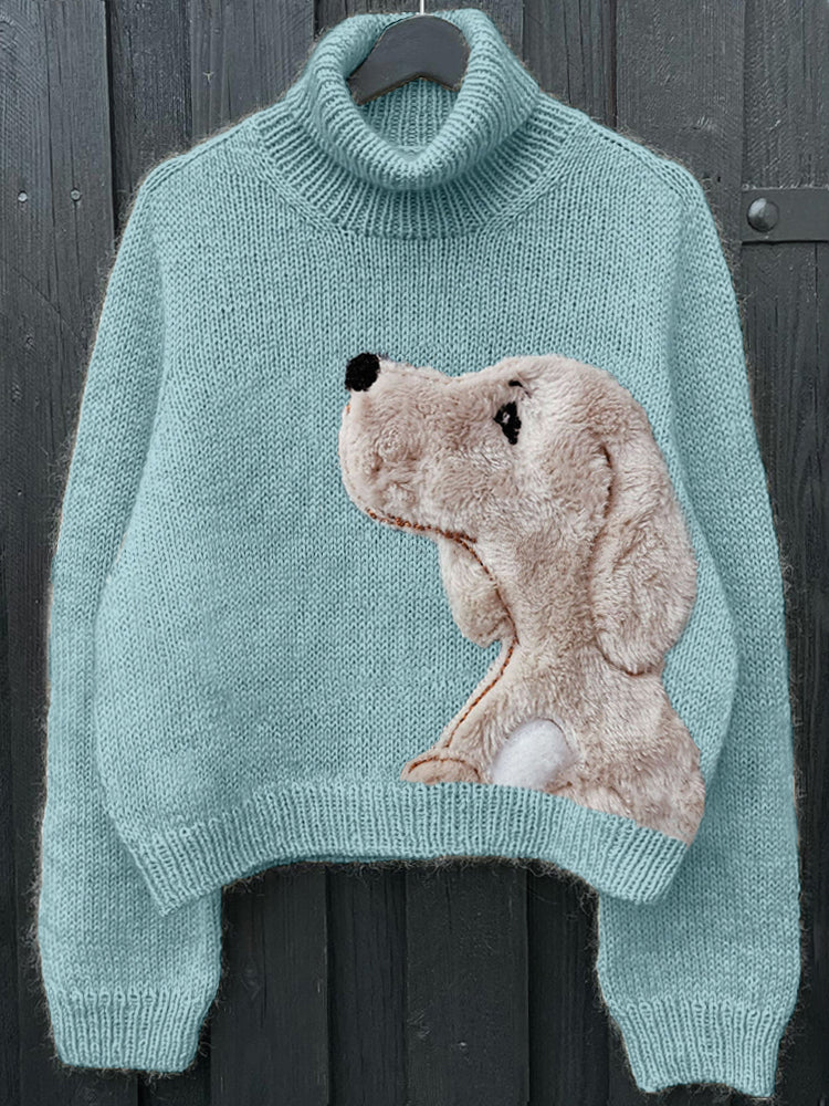 Comstylish Fluffy Dog Embroidery Pattern Cozy Knit Sweater
