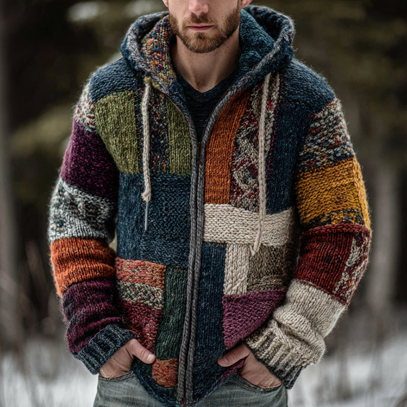 Men's Geometric Block Patchwork Color Knitted Zipper Hooded Sweater elevenforest