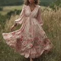 Bohemian Forest Farmhouse Retro Floral Printed Women's V-neck Cotton And Linen Dress elevenforest